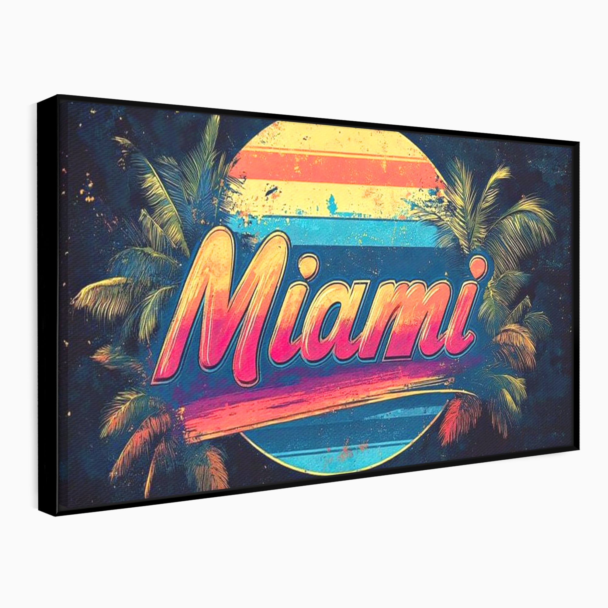 Tablou canvas cu ilustratie retro miami cu soare si palmieri, in rama de aluminiu negru